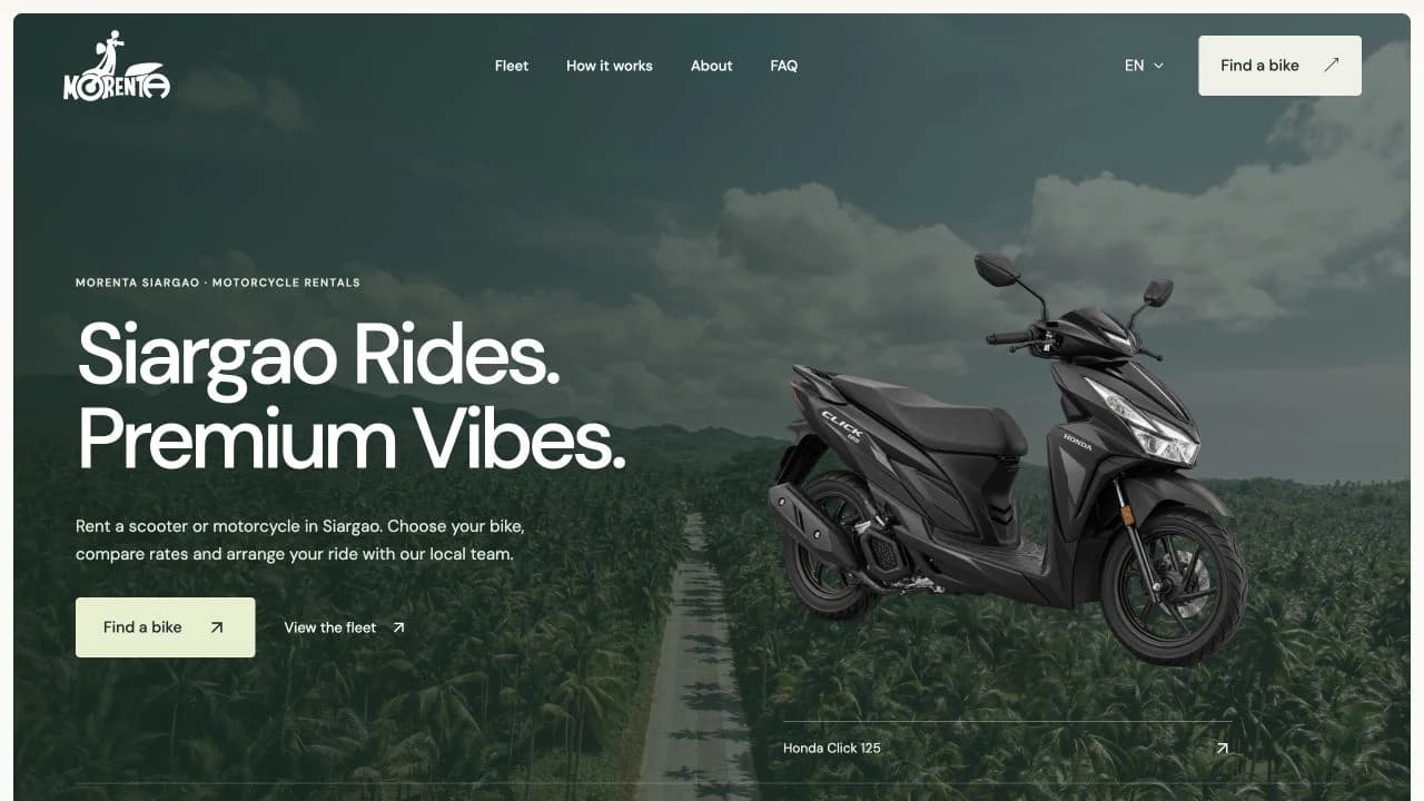 Morenta’s actual Siargao storefront, with its logo, island photography and Honda Click