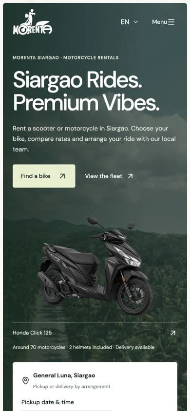 Morenta’s actual Siargao storefront, with its logo, island photography and Honda Click